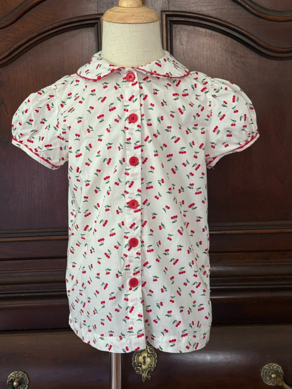 Rachel Riley Cherry Print Girls Size 7 Button Front Puff Sleeve Top